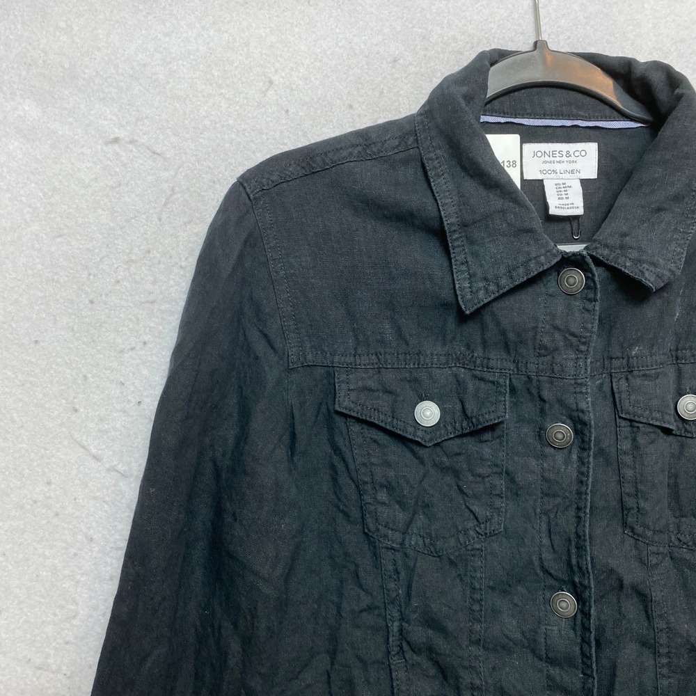 Jones & Co Linen Jacket Womens Medium Black Trucker Button-Down Pocket - Picture 5 of 9